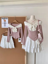 BXOXO Autumn Winter Women Korean Fashion Ballet Core Girl Outfits 2 Piece Set Long Sleeve Sweet Bow Crop Tops + Mini Skirt Coquette